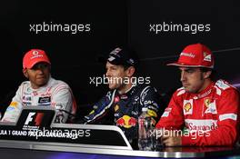 The post qualifying FIA Press Conference (L to R): Lewis Hamilton (GBR) McLaren, second; Sebastian Vettel (GER) Red Bull Racing, pole position; Fernando Alonso (ESP) Ferrari, third. 09.06.2012. Formula 1 World Championship, Rd 7, Canadian Grand Prix, Montreal, Canada, Qualifying Day