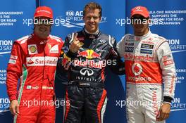 Qualifying results, 1st Sebastian Vettel (GER), Red Bull Racing 2nd place Lewis Hamilton (GBR), McLaren Mercedes and 3rd place Fernando Alonso (ESP), Scuderia Ferrari  09.06.2012. Formula 1 World Championship, Rd 7, Canadian Grand Prix, Montreal, Canada, Qualifying Day