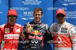 Qualifying results, 1st Sebastian Vettel (GER), Red Bull Racing 2nd place Lewis Hamilton (GBR), McLaren Mercedes and 3rd place Fernando Alonso (ESP), Scuderia Ferrari  09.06.2012. Formula 1 World Championship, Rd 7, Canadian Grand Prix, Montreal, Canada, Qualifying Day