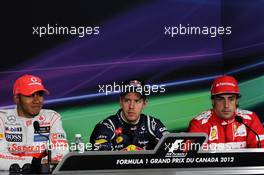 The post qualifying FIA Press Conference (L to R): Lewis Hamilton (GBR) McLaren, second; Sebastian Vettel (GER) Red Bull Racing, pole position; Fernando Alonso (ESP) Ferrari, third. 09.06.2012. Formula 1 World Championship, Rd 7, Canadian Grand Prix, Montreal, Canada, Qualifying Day