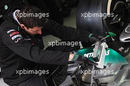 Mercedes AMG F1 W03 front wing checked by a mechanic. 13.04.2012. Formula 1 World Championship, Rd 3, Chinese Grand Prix, Shanghai, China, Practice Day