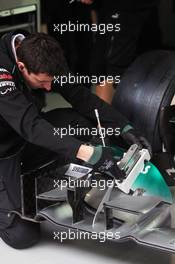 Mercedes AMG F1 W03 front wing checked by a mechanic. 13.04.2012. Formula 1 World Championship, Rd 3, Chinese Grand Prix, Shanghai, China, Practice Day