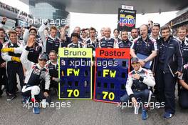 (L to R): Bruno Senna (BRA) Williams and Pastor Maldonado (VEN) Williams wish Frank Williams (GBR) Williams Team Owner a Happy 70th Birthday with the team on the grid. 15.04.2012. Formula 1 World Championship, Rd 3, Chinese Grand Prix, Shanghai, China, Race Day