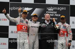 2nd place Jenson Button (GBR) McLaren with 1st place Nico Rosberg (GER), Mercedes AMG Petronas, Norbert Haug (GER) Mercedes Sporting Director   and 3rd place Lewis Hamilton (GBR), McLaren Mercedes  15.04.2012. Formula 1 World Championship, Rd 3, Chinese Grand Prix, Shanghai, China, Race Day