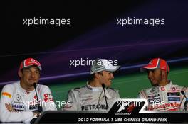 Top three in the FIA Press Conference (L to R): Jenson Button (GBR) McLaren, second; race winner Nico Rosberg (GER) Mercedes AMG F1; Lewis Hamilton (GBR) McLaren, third. 15.04.2012. Formula 1 World Championship, Rd 3, Chinese Grand Prix, Shanghai, China, Race Day