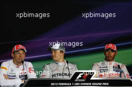 Top three in the FIA Press Conference (L to R): Jenson Button (GBR) McLaren, second; race winner Nico Rosberg (GER) Mercedes AMG F1; Lewis Hamilton (GBR) McLaren, third. 15.04.2012. Formula 1 World Championship, Rd 3, Chinese Grand Prix, Shanghai, China, Race Day