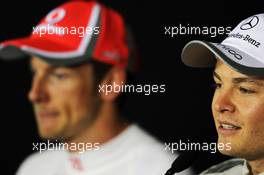 Race winner Nico Rosberg (GER) Mercedes AMG F1 and Jenson Button (GBR) McLaren in the FIA Press Conference. 15.04.2012. Formula 1 World Championship, Rd 3, Chinese Grand Prix, Shanghai, China, Race Day