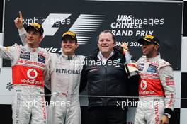 (L to R): Jenson Button (GBR) McLaren, second; Nico Rosberg (GER) Mercedes AMG F1, race winner; Norbert Haug (GER) Mercedes Sporting Director, Lewis Hamilton (GBR) McLaren, third. 15.04.2012. Formula 1 World Championship, Rd 3, Chinese Grand Prix, Shanghai, China, Race Day