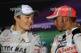 (L to R): race winner Nico Rosberg (GER) Mercedes AMG F1 and Lewis Hamilton (GBR) McLaren in the FIA Press Conference.