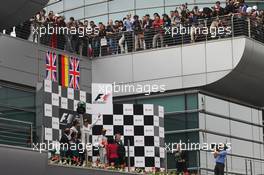 The podium (L to R): Jenson Button (GBR) McLaren, second; Nico Rosberg (GER) Mercedes AMG F1, race winner; Lewis Hamilton (GBR) McLaren, third; Norbert Haug (GER) Mercedes Sporting Director. 15.04.2012. Formula 1 World Championship, Rd 3, Chinese Grand Prix, Shanghai, China, Race Day