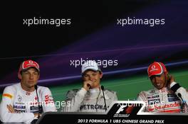 Top three in the FIA Press Conference (L to R): Jenson Button (GBR) McLaren, second; race winner Nico Rosberg (GER) Mercedes AMG F1; Lewis Hamilton (GBR) McLaren, third. 15.04.2012. Formula 1 World Championship, Rd 3, Chinese Grand Prix, Shanghai, China, Race Day