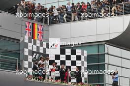 The podium (L to R): Jenson Button (GBR) McLaren, second; Nico Rosberg (GER) Mercedes AMG F1, race winner; Lewis Hamilton (GBR) McLaren, third; Norbert Haug (GER) Mercedes Sporting Director. 15.04.2012. Formula 1 World Championship, Rd 3, Chinese Grand Prix, Shanghai, China, Race Day