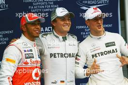 Qualifying top three in parc ferme (L to R): Lewis Hamilton (GBR) McLaren, second; Nico Rosberg (GER) Mercedes AMG F1, pole position; Michael Schumacher (GER) Mercedes AMG F1, third. 14.04.2012. Formula 1 World Championship, Rd 3, Chinese Grand Prix, Shanghai, China, Qualifying Day