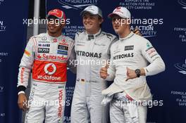 Qualifying parc ferme (L to R): Lewis Hamilton (GBR) McLaren, second; Nico Rosberg (GER) Mercedes AMG F1, pole position; Michael Schumacher (GER) Mercedes AMG F1, third. 14.04.2012. Formula 1 World Championship, Rd 3, Chinese Grand Prix, Shanghai, China, Qualifying Day