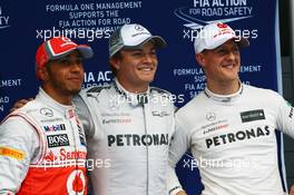 Qualifying top three in parc ferme (L to R): Lewis Hamilton (GBR) McLaren, second; Nico Rosberg (GER) Mercedes AMG F1, pole position; Michael Schumacher (GER) Mercedes AMG F1, third. 14.04.2012. Formula 1 World Championship, Rd 3, Chinese Grand Prix, Shanghai, China, Qualifying Day