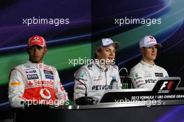 Qualifying FIA Press Conference (L to R): Lewis Hamilton (GBR) McLaren, second; Nico Rosberg (GER) Mercedes AMG F1, pole position; Michael Schumacher (GER) Mercedes AMG F1, third. 14.04.2012. Formula 1 World Championship, Rd 3, Chinese Grand Prix, Shanghai, China, Qualifying Day
