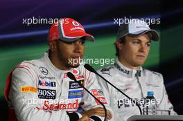(L to R): Lewis Hamilton (GBR) McLaren with pole sitter Nico Rosberg (GER) Mercedes AMG F1 in the FIA Press Conference. 14.04.2012. Formula 1 World Championship, Rd 3, Chinese Grand Prix, Shanghai, China, Qualifying Day