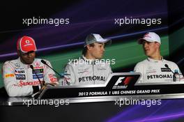 Qualifying top three in the FIA Press Conference (L to R): Lewis Hamilton (GBR) McLaren, second; Nico Rosberg (GER) Mercedes AMG F1, pole position; Michael Schumacher (GER) Mercedes AMG F1, third.  14.04.2012. Formula 1 World Championship, Rd 3, Chinese Grand Prix, Shanghai, China, Qualifying Day