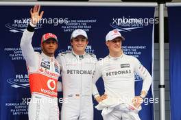 Qualifying top three in parc ferme (L to R): Lewis Hamilton (GBR) McLaren, second; Nico Rosberg (GER) Mercedes AMG F1, pole position; Michael Schumacher (GER) Mercedes AMG F1, third.  14.04.2012. Formula 1 World Championship, Rd 3, Chinese Grand Prix, Shanghai, China, Qualifying Day