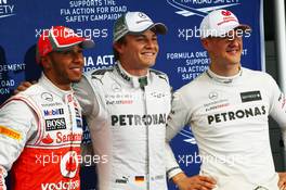 Qualifying top three in parc ferme (L to R): Lewis Hamilton (GBR) McLaren, second; Nico Rosberg (GER) Mercedes AMG F1, pole position; Michael Schumacher (GER) Mercedes AMG F1, third. 14.04.2012. Formula 1 World Championship, Rd 3, Chinese Grand Prix, Shanghai, China, Qualifying Day