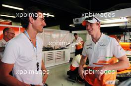 (L to R): Adrian Sutil (GER) in the Sahara Force India F1 Team garage with Nico Hulkenberg (GER) Sahara Force India F1. 11.05.2012. Formula 1 World Championship, Rd 5, Spanish Grand Prix, Barcelona, Spain, Practice Day