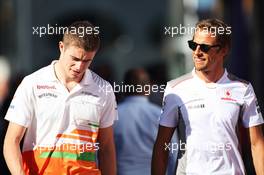 (L to R): Paul di Resta (GBR) Sahara Force India F1 with Jenson Button (GBR) McLaren. 11.05.2012. Formula 1 World Championship, Rd 5, Spanish Grand Prix, Barcelona, Spain, Practice Day