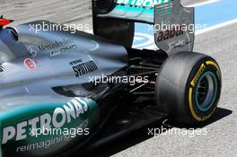 Michael Schumacher (GER) Mercedes AMG F1 W03 exhaust and rear suspension detail. 11.05.2012. Formula 1 World Championship, Rd 5, Spanish Grand Prix, Barcelona, Spain, Practice Day
