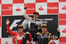 podium and results, 1st place Pastor Maldonado (VEN), Williams F1 Team with 2nd place Fernando Alonso (ESP), Scuderia Ferrari and 3rd place Kimi Raikkonen, Lotus Renault F1 Team  13.05.2012. Formula 1 World Championship, Rd 5, Spanish Grand Prix, Barcelona, Spain, Race Day