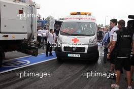 Ambulances enter the pits after a post race fire destroys the Williams pit garage. 10.05.2012. Formula 1 World Championship, Rd 5, Spanish Grand Prix, Barcelona, Spain, Race Day