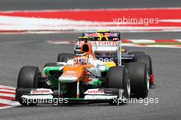 Nico Hulkenberg (GER) Sahara Force India F1 VJM05 leads Mark Webber (AUS) Red Bull Racing RB8. 10.05.2012. Formula 1 World Championship, Rd 5, Spanish Grand Prix, Barcelona, Spain, Race Day