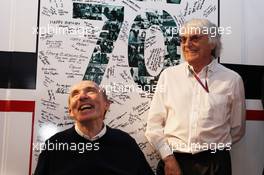 (L to R): Frank Williams (GBR) Williams Team Owner celebrates his 70th birthday with Bernie Ecclestone (GBR) CEO Formula One Group (FOM). 12.05.2012. Formula 1 World Championship, Rd 5, Spanish Grand Prix, Barcelona, Spain, Qualifying Day