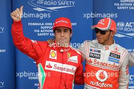 Qualifying results, 1st Lewis Hamilton (GBR), McLaren Mercedes with 2nd place Pastor Maldonado (VEN), Williams F1 Team and 3rd place Fernando Alonso (ESP), Scuderia Ferrari  12.05.2012. Formula 1 World Championship, Rd 5, Spanish Grand Prix, Barcelona, Spain, Qualifying Day