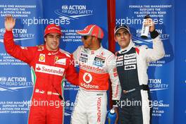 Qualifying parc ferme top 3 (L to R): Fernando Alonso (ESP) Ferrari,third; Lewis Hamilton (GBR) McLaren, pole position; Pastor Maldonado (VEN) Williams, second. 12.05.2012. Formula 1 World Championship, Rd 5, Spanish Grand Prix, Barcelona, Spain, Qualifying Day