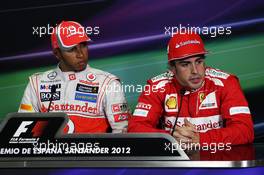 (L to R): Pole sitter Lewis Hamilton (GBR) McLaren and Fernando Alonso (ESP) Ferrari in the FIA Press Conference. 12.05.2012. Formula 1 World Championship, Rd 5, Spanish Grand Prix, Barcelona, Spain, Qualifying Day