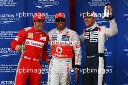 Qualifying parc ferme top 3 (L to R): Fernando Alonso (ESP) Ferrari,third; Lewis Hamilton (GBR) McLaren, pole position; Pastor Maldonado (VEN) Williams, second. 12.05.2012. Formula 1 World Championship, Rd 5, Spanish Grand Prix, Barcelona, Spain, Qualifying Day