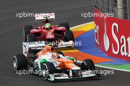 Jules Bianchi (FRA) Sahara Force India F1 Team VJM05 Third Driver leads Felipe Massa (BRA) Ferrari F2012. 22.06.2012. Formula 1 World Championship, Rd 8, European Grand Prix, Valencia, Spain, Practice Day