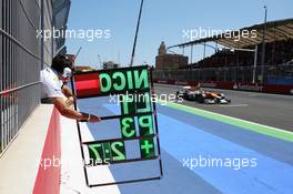 Pit board held out for Nico Hulkenberg (GER) Sahara Force India F1 VJM05. 24.06.2012. Formula 1 World Championship, Rd 8, European Grand Prix, Valencia, Spain, Race Day