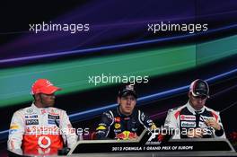 Post qualifying FIA Press Conference (L to R): Lewis Hamilton (GBR) McLaren, second; Sebastian Vettel (GER) Red Bull Racing, pole position; Pastor Maldonado (VEN) Williams, third. 23.06.2012. Formula 1 World Championship, Rd 8, European Grand Prix, Valencia, Spain, Qualifying Day