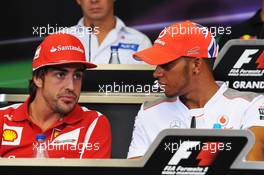 (L to R): Lewis Hamilton (GBR) McLaren and Fernando Alonso (ESP) Ferrari in the FIA Press Conference. 21.06.2012. Formula 1 World Championship, Rd 8, European Grand Prix, Valencia, Spain, Preparation Day