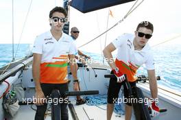 (L to R): Jules Bianchi (FRA) Sahara Force India F1 Team Third Driver and Nico Hulkenberg (GER) Sahara Force India F1 on the Aethra America's Cup Boat. 21.06.2012. Formula 1 World Championship, Rd 8, European Grand Prix, Valencia, Spain, Preparation Day