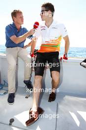 (L to R): Simon Lazenby (GBR) Sky Sports F1 TV Presenter andPaul di Resta (GBR) Sahara Force India F1 on the Aethra America's Cup Boat. 21.06.2012. Formula 1 World Championship, Rd 8, European Grand Prix, Valencia, Spain, Preparation Day