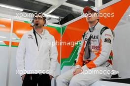 (L to R): Bradley Joyce (GBR) Sahara Force India F1 Race Engineer with Nico Hulkenberg (GER) Sahara Force India F1. 06.07.2012. Formula 1 World Championship, Rd 9, British Grand Prix, Silverstone, England, Practice Day