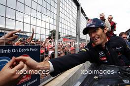 Race winner Mark Webber (AUS) Red Bull Racing celebrates after the race. 08.07.2012. Formula 1 World Championship, Rd 9, British Grand Prix, Silverstone, England, Race Day