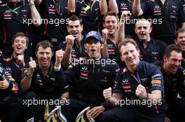 Race winner Mark Webber (AUS) Red Bull Racing celebrates with the team. 08.07.2012. Formula 1 World Championship, Rd 9, British Grand Prix, Silverstone, England, Race Day