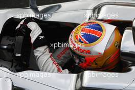 Lewis Hamilton (GBR) McLaren MP4/27 wears a star on his helmet for Maria De Villota (ESP) Marussia F1 Team Test Driver. 07.07.2012. Formula 1 World Championship, Rd 9, British Grand Prix, Silverstone, England, Qualifying Day