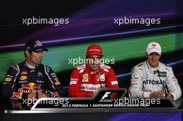 Post qualifying FIA Press Conference (L to R): Mark Webber (AUS) Red Bull Racing, second; Fernando Alonso (ESP) Ferrari, pole position; Michael Schumacher (GER) Mercedes AMG F1, third. 07.07.2012. Formula 1 World Championship, Rd 9, British Grand Prix, Silverstone, England, Qualifying Day