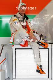 Nico Hulkenberg (GER) Sahara Force India F1 waits for qualifying to recommence. 07.07.2012. Formula 1 World Championship, Rd 9, British Grand Prix, Silverstone, England, Qualifying Day