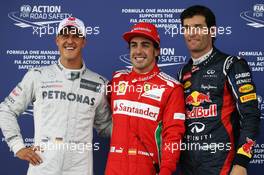 Qualifying parc ferme top three (L to R): Michael Schumacher (GER) Mercedes AMG F1, third; Fernando Alonso (ESP) Ferrari, pole position; Mark Webber (AUS) Red Bull Racing, second. 07.07.2012. Formula 1 World Championship, Rd 9, British Grand Prix, Silverstone, England, Qualifying Day