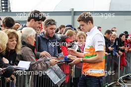 Paul di Resta (GBR) Sahara Force India F1 signs autographs for the fans at the post race concert. 08.07.2012. Formula 1 World Championship, Rd 9, British Grand Prix, Silverstone, England, Race Day