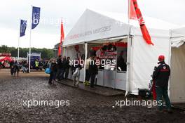 Muddy merchandise area. 08.07.2012. Formula 1 World Championship, Rd 9, British Grand Prix, Silverstone, England, Race Day